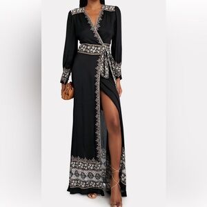 Veronica Beard BLAISE BORDER PRINT LONG SLEEVE MAXI DRESS BLACK MULTI SIZE 0